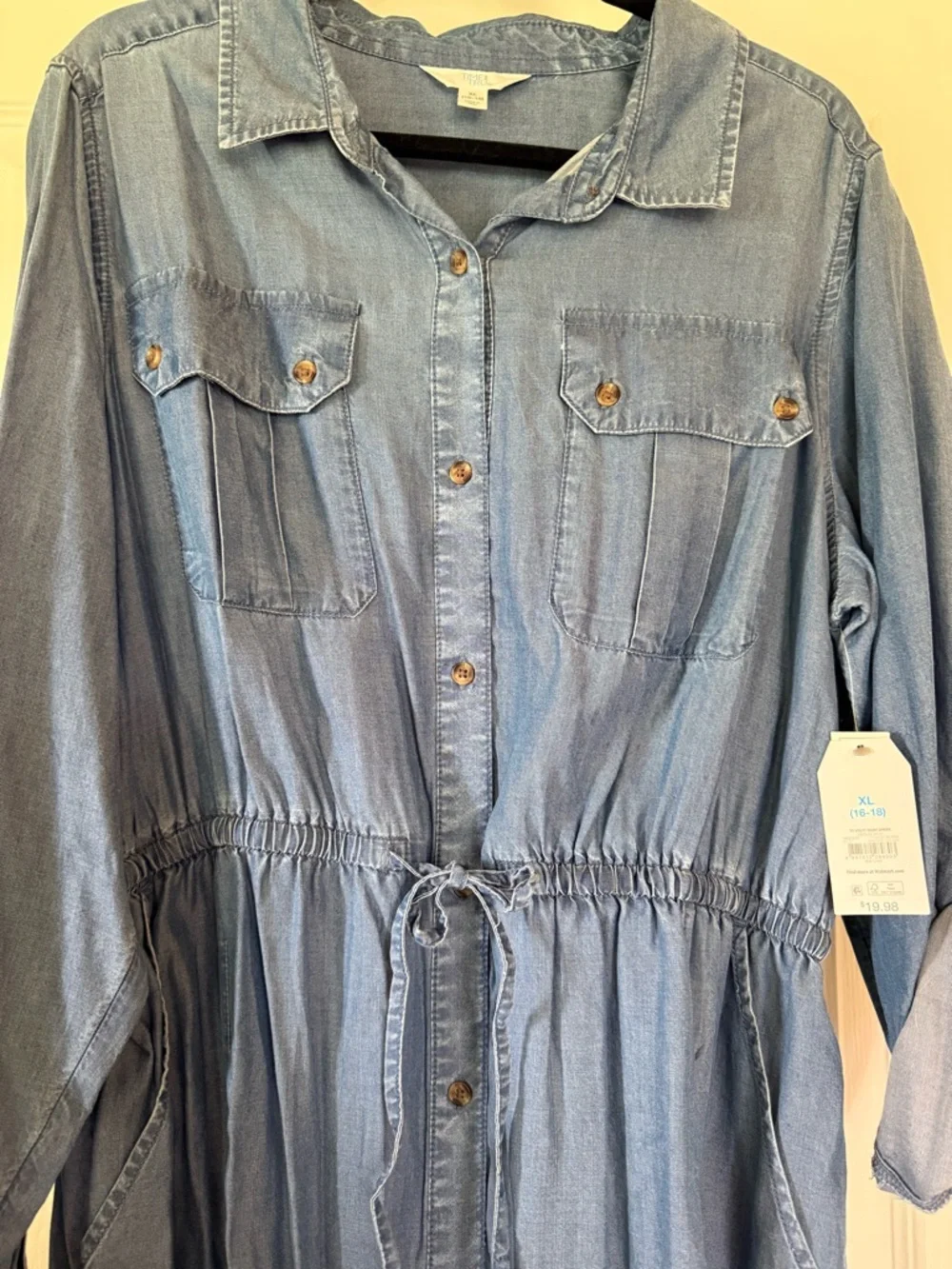 Light Blue Denim Shirt Dress with Drawstring Waist - Picture 3 of 8